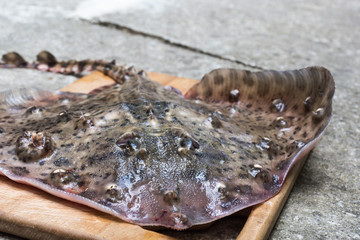 Fresh stingray on a cutting board, cooking, horizontal image