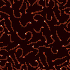 Red Worms for Fishing Seamless Pattern on Black. Animal Bloodworms Background.