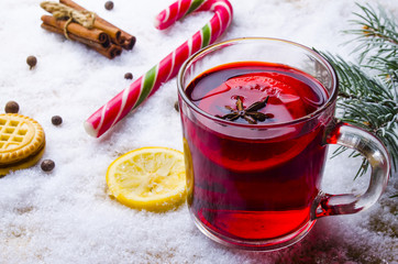 cup of hot wine on a table