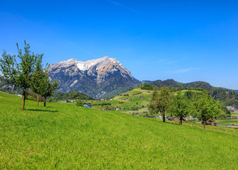 Springtime view in the Swiss canton of Nidwalden with Mt. Pilatus in the background