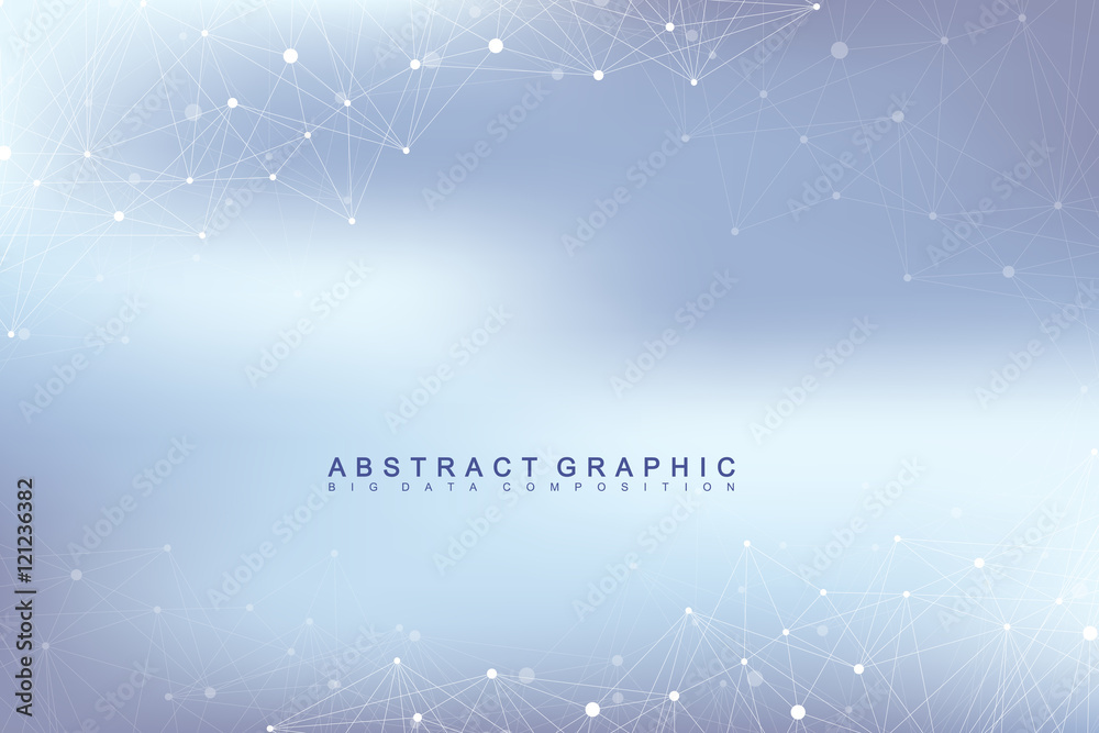 Poster Graphic abstract background communication. Big data visualization. Connected lines with dots. Social networking. Illusion of depth and perspective. Vector illustration.