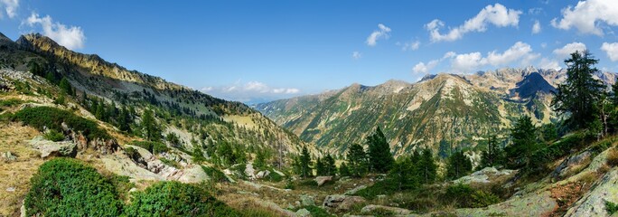 Mountain peaks panorama in Maritime Alps Park in Italy, valley of river Stura