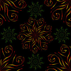 Seamless pattern with large red and small green circular floral ornament on black for design