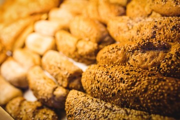 Close-up of various sweet foods on a display