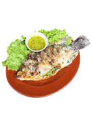 Fish grilled and spicy sauce isolated on white background