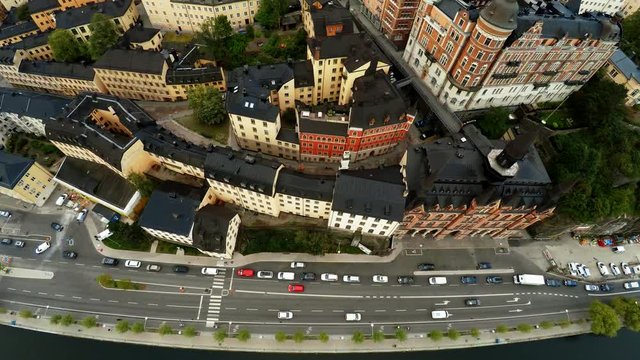 Aerial view. Stockholm. Old houses, buildings and streets. City center. Sweden. Shot in 4K (ultra-high definition (UHD).

