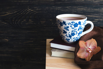 Warm knitted plaid, cup of tea and books