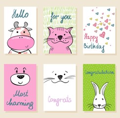 Collection of cute artistic cards for kids. Funny animals in vector.