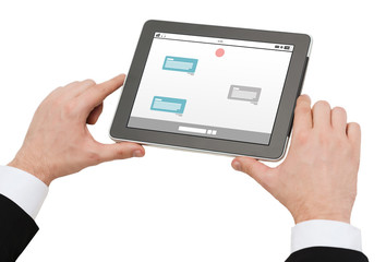close up of hands holding tablet pc with messenger
