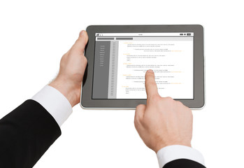 close up of hands holding tablet pc with coding
