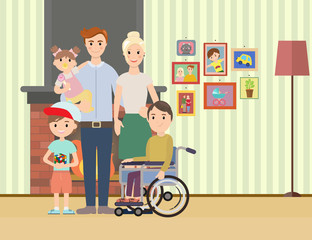 Portrait of happy family with special needs child. Big family vector illustration. Big family with children at home.