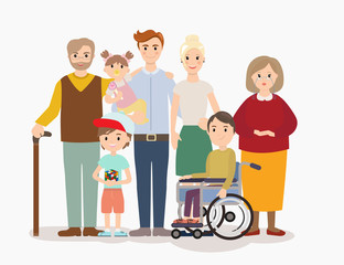 Big modern family vector illustration. Big family with children, parents, grandparents and with special needs child. Family portrait on white background.