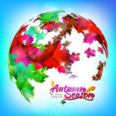 Autumn season. The globe of maple leaves. Fall season vector background.