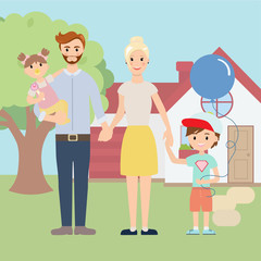 Young happy family outside in front of beautiful new house. Family members near their home. Family new home.