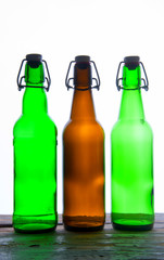 Green and brown beer bottles. Retro. Isolated