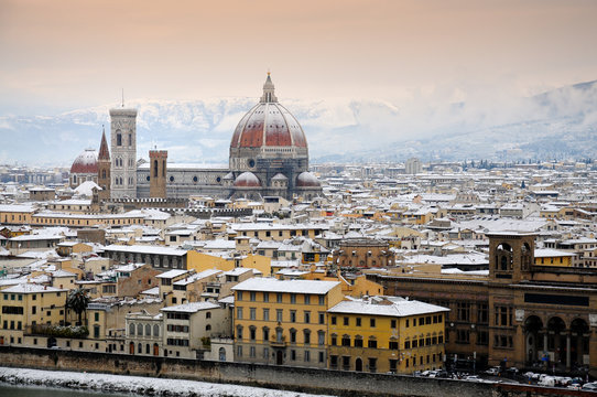 Panorama of Florence with Snow in Winter, Florence, Tuscany, Italy