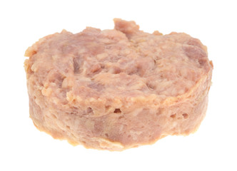 Canned smoked ground ham on a white background side view.