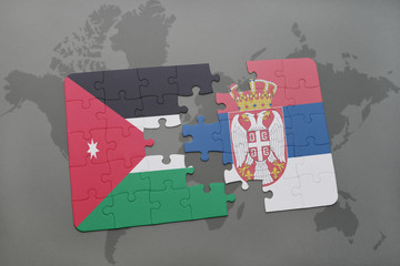 puzzle with the national flag of jordan and serbia on a world map background.