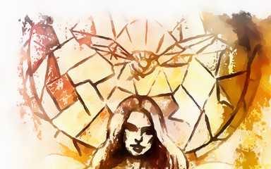 abstract woman head and dove on stained glass pattern background.