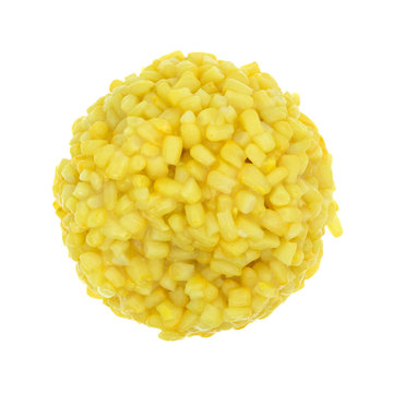 Shoepeg white corn with a butter sauce on white background.