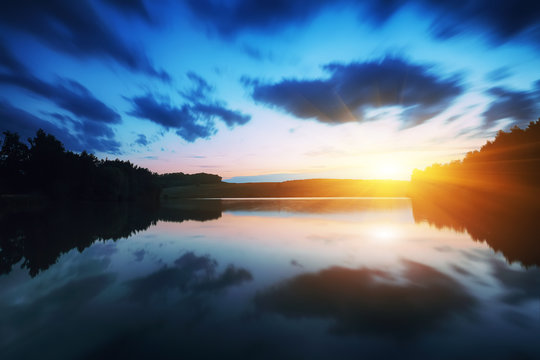 Majestic sunrise over the lake