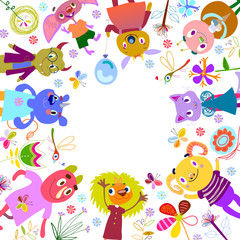 Monsters, fantastic flowers, butterflies, dragonflies. Funny Cartoon fantastic creatures. Cute fabulous incredible characters. Emotions, joy, party, birthday. Vector illustration with place for text.