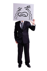 businessman holding crying expression billboard