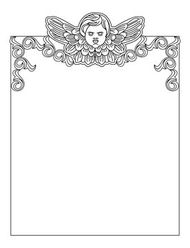 Black and white  frame with outline cherub in vintage style. Vector custom element for design artworks.