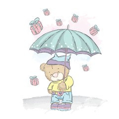 Cute teddy bear under an umbrella. Rain gifts. Vector illustration for a card or poster. Print on clothes.
