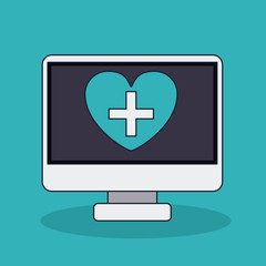 Obraz premium Computer heart with cross shape icon. Medical and health care theme. Colorful design. Vector illustration