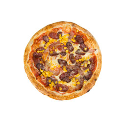 Pizza on a white background with tomato sauce, cheese, sausage, tenderloin and corn.