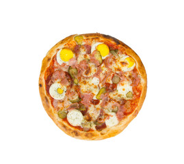 Pizza on a white background with eggs, ham, salami, cheese, pickles and spices.