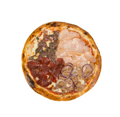 Pizza on a white background with meat, fillet, cheese, mushrooms, peas, onions and tomato sauce.