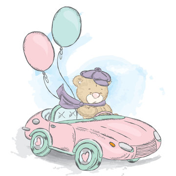 Cute teddy bear in a convertible. Vector illustration for a card or poster, print on clothes. Charming teddy bear in the car. Vintage.