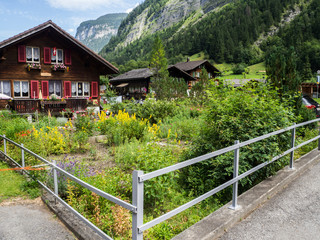 Paisaje de cuento precioso pictórico con plantas verdes en primer plano, casa con ventanas rojas sobre fondo montañoso, viajando en verano de 2016 por Stechelberg Suiza .
