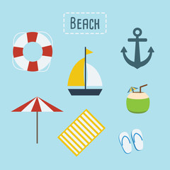 Summer travel - Summer beach with umbrella, sail, anchor, lifebuoy, coconut, flipflop.beach towel Flat design.
