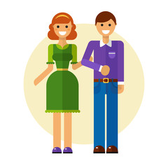 Flat design vector illustration of funny smiling couple in love. Happy young woman in pretty dress keeping man's hand in casual clothes. Dating and relationship concept. 