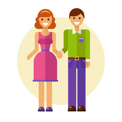 Flat design vector illustration of funny smiling couple in love. Happy young man in casual clothes and woman in pretty dress are holding hands. Dating and relationship concept.