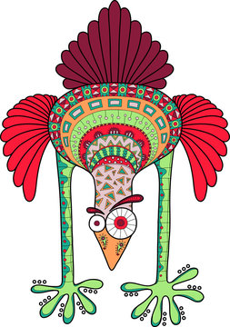 Crazy ostrich with doodle pattern, cartoon vector illustration