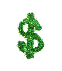 Dollar sign of green glitter on white background 