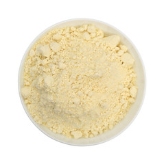 French vanilla cake mix top view in bowl on a white background.