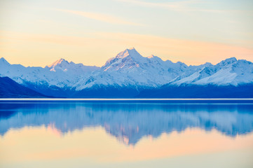 Sunset reflection at Mount Cook in New Zealand