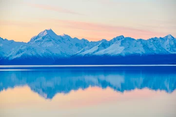 Crédence de cuisine en verre imprimé Aoraki/Mount Cook Réflexion du coucher du soleil au mont Cook en Nouvelle-Zélande