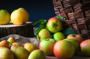 Wild apples and pears in basket