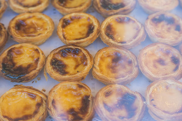 Portuguese dessert Pasteis de nata on showcase