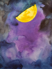 bright yellow half moon in dark sky watercolor painting illustration design