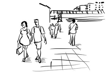 crowd traveling in urban scene cartoon drawing