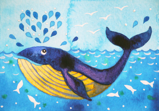 happy big whale swimming with his friends in the sea, watercolor painting