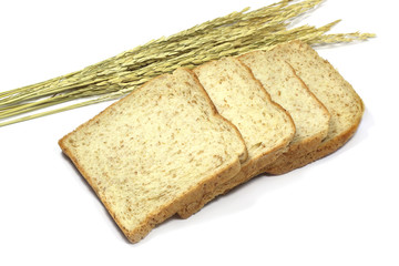 Square slice of fresh whole grain meal bread. Detailed bread texture with ears