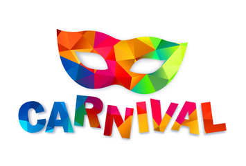 Fototapeta na wymiar Bright rainbow colors triangles vector carnival mask and sign